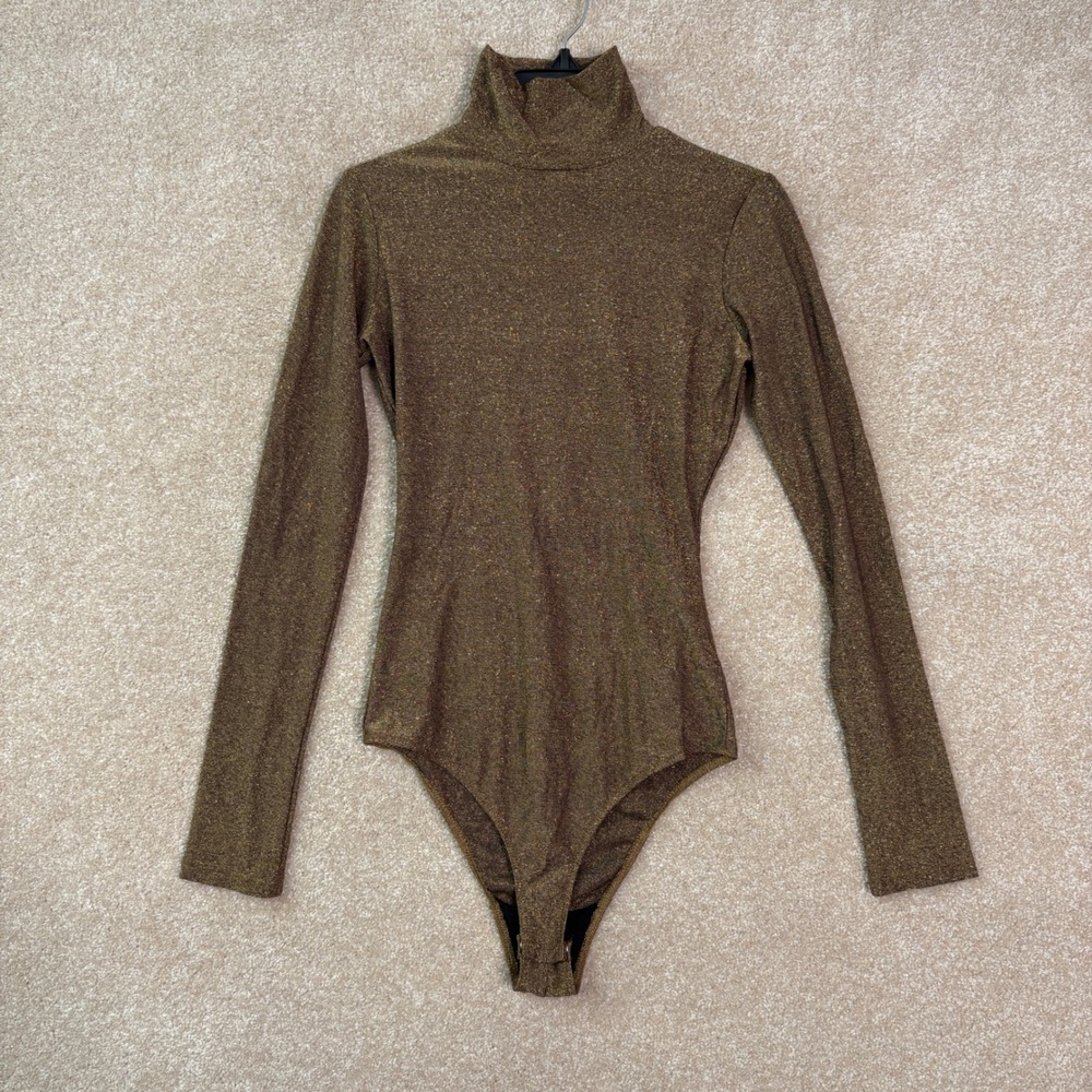 REFORMATION Bodysuit Womens XS Gold Metallic Turtleneck Long Sleeve Shimmer Glam